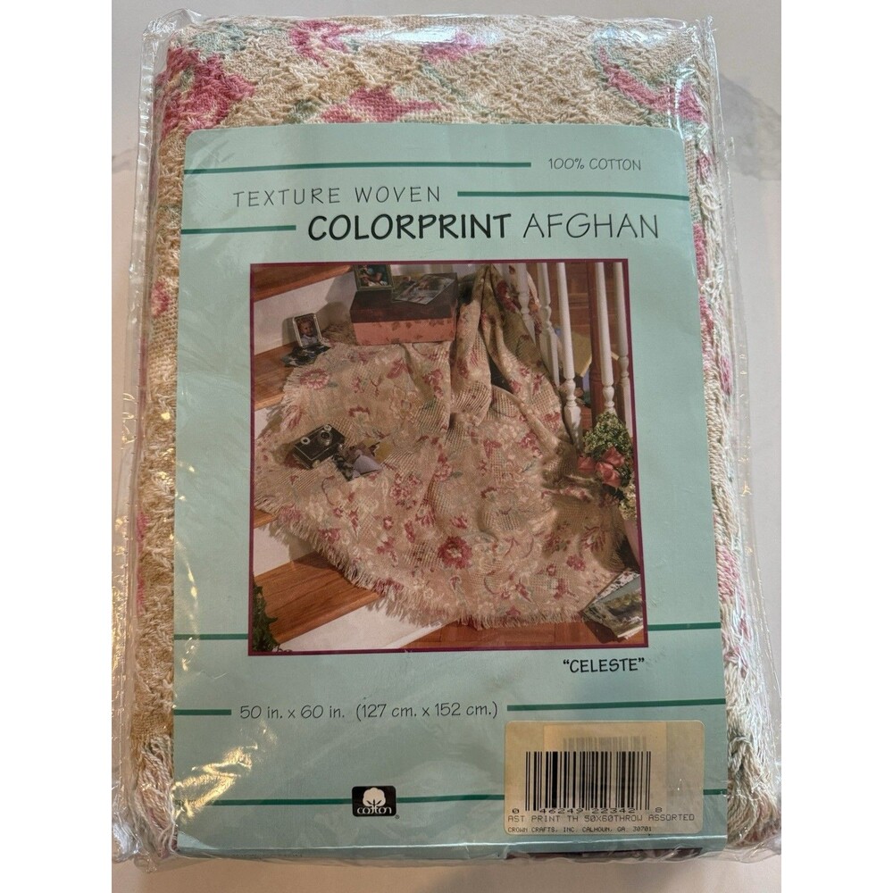 Vintage Texture Woven Cotton Colorprint Afghan Throw Floral Celeste NEW 50 X 60